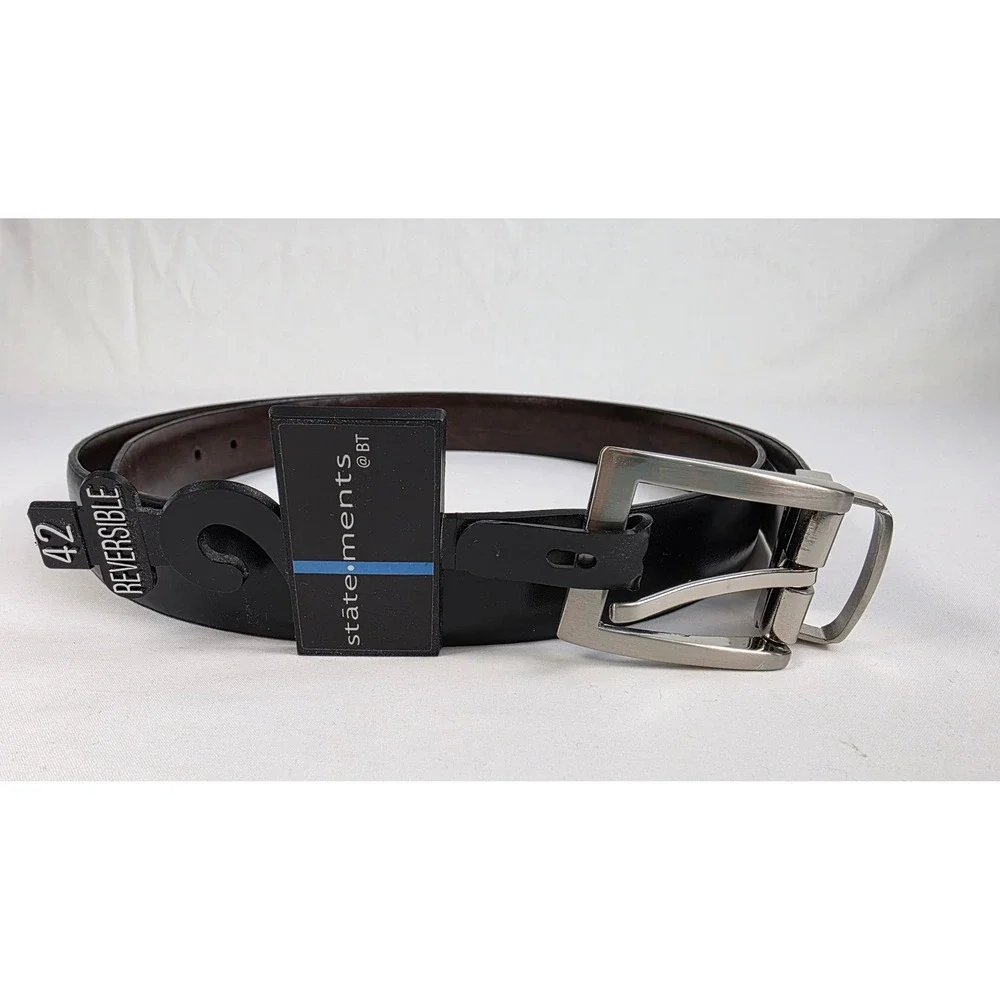 Statements @BT Belt Mens Size 42 Reversible Black Brown Silver Tone Buckle NEW